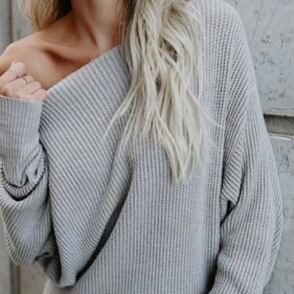 boho beach hut Tops - Sexy oversized, off the shoulder gray sweater.
